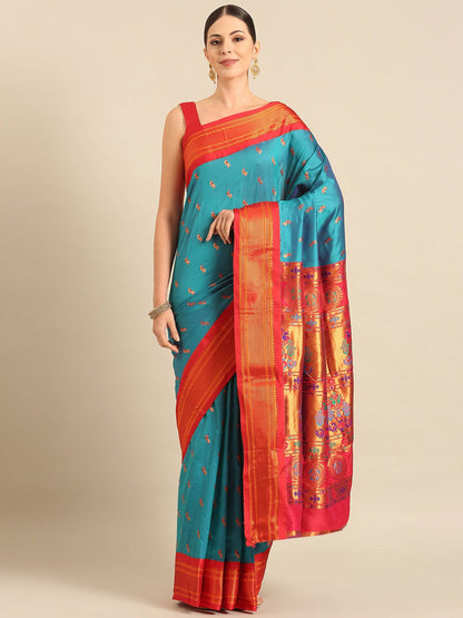 Myra Rama & Red Soft Silk Kadiyal Maharani Paithani Saree