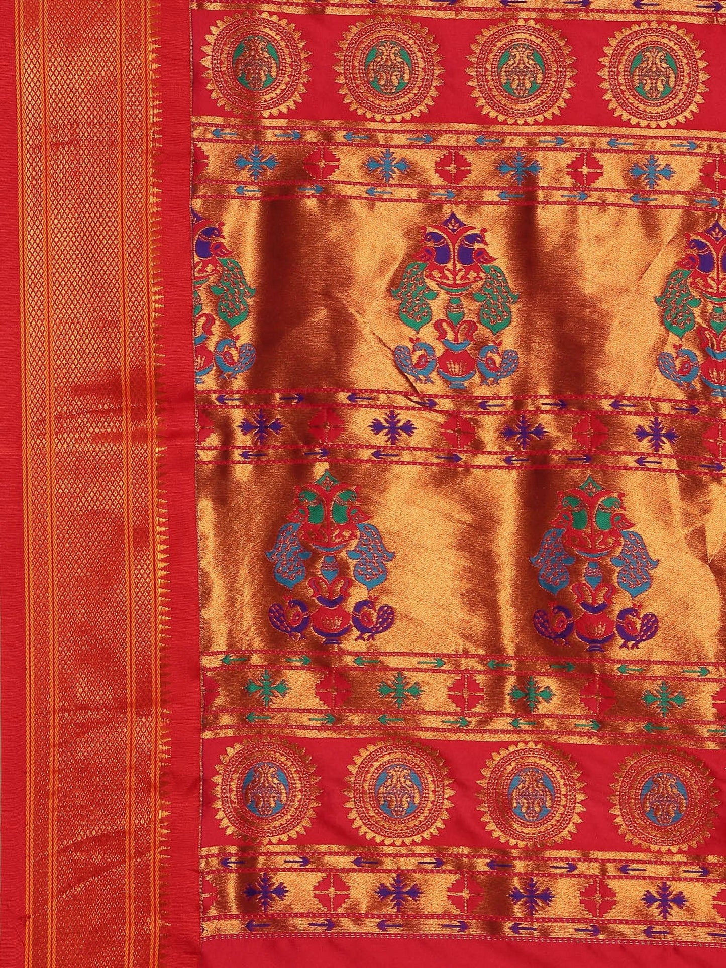 Myra Rama & Red Soft Silk Kadiyal Maharani Paithani Saree