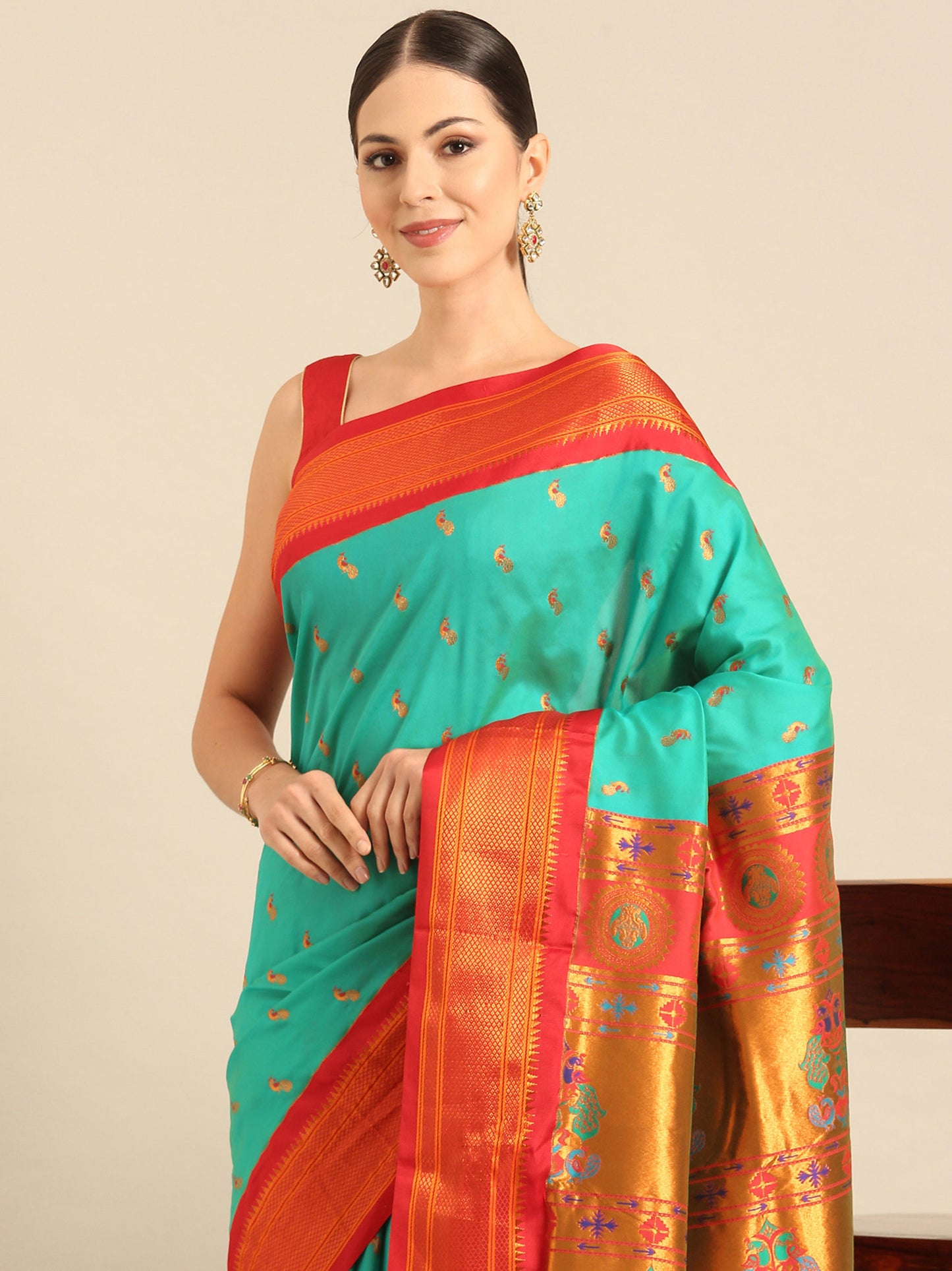 Myra Sea Green & Red Soft Silk Fancy Pallu Kadiyal Paithani Saree