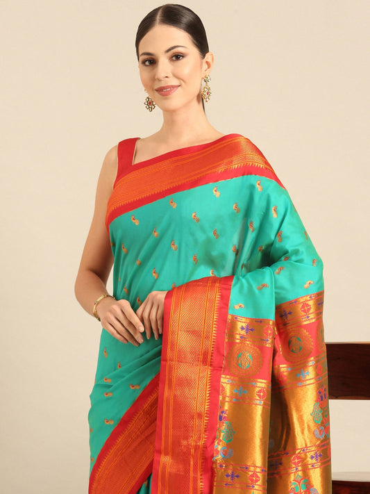 Myra Sea Green & Red Soft Silk Kadiyal Maharani Paithani Saree