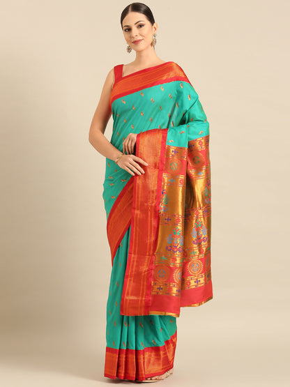 Myra Sea Green & Red Soft Silk Fancy Pallu Kadiyal Paithani Saree