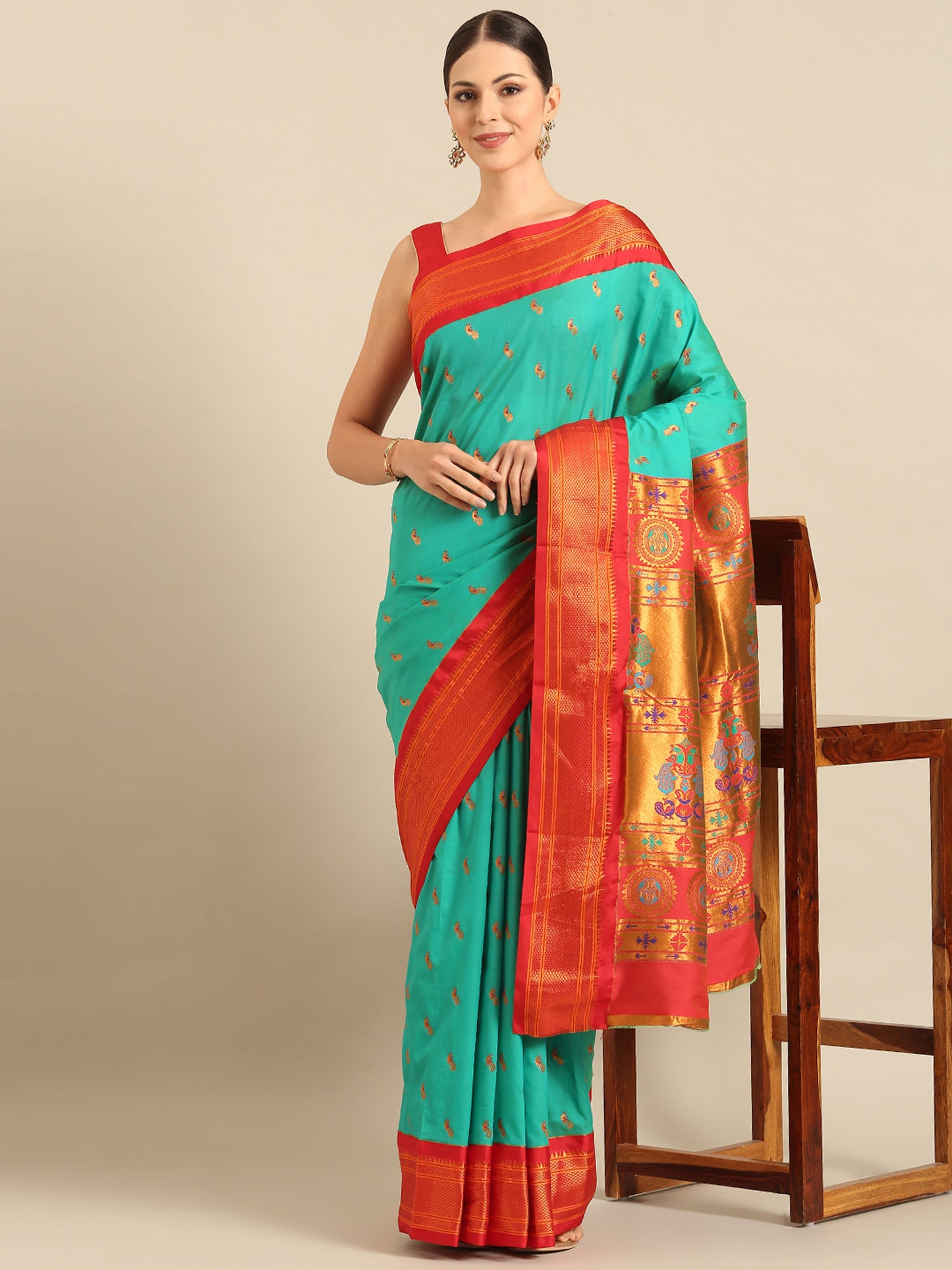 Myra Sea Green & Red Soft Silk Fancy Pallu Kadiyal Paithani Saree