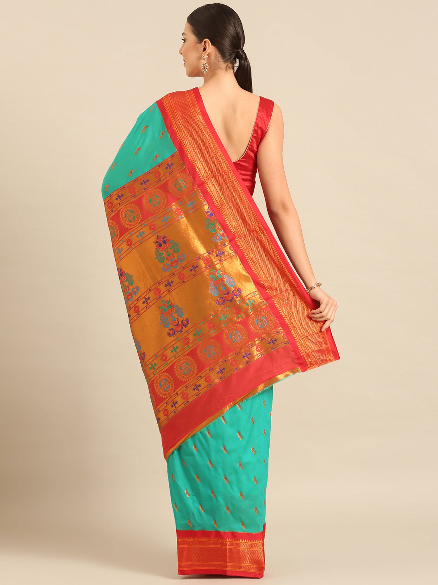 Myra Sea Green & Red Soft Silk Fancy Pallu Kadiyal Paithani Saree