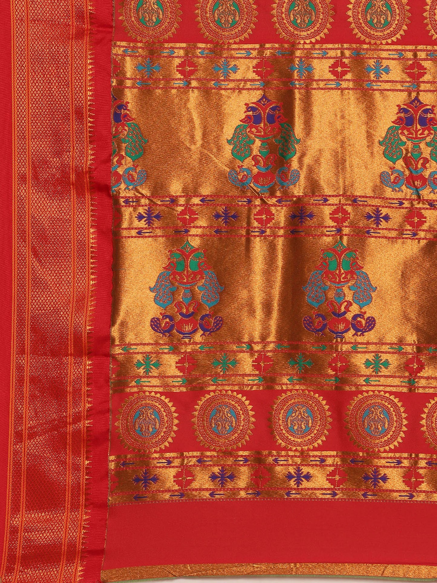 Myra Sea Green & Red Soft Silk Fancy Pallu Kadiyal Paithani Saree