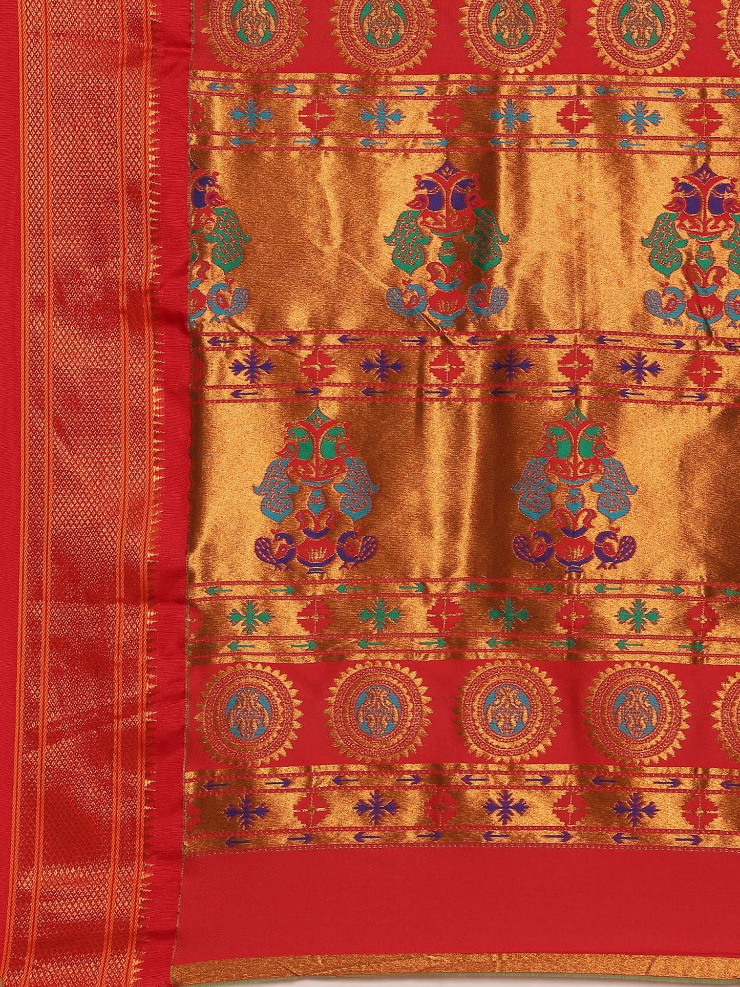 Myra Sea Green & Red Soft Silk Kadiyal Maharani Paithani Saree