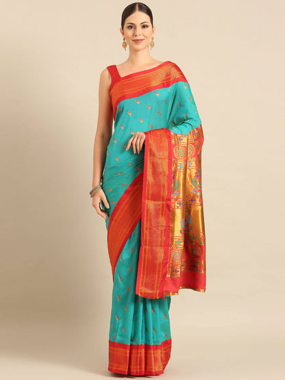 Myra Chintamani Blue & Red Soft Silk Kadiyal Maharani Paithani Saree