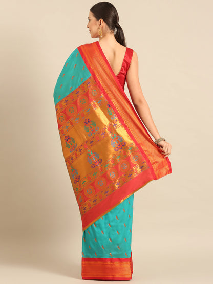 Myra Chintamani Blue & Red Soft Silk Fancy Pallu Kadiyal Paithani Saree