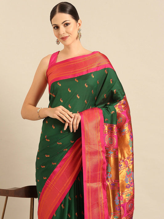 Myra Bottle Green & Pink Soft Silk Kadiyal Maharani Paithani Saree