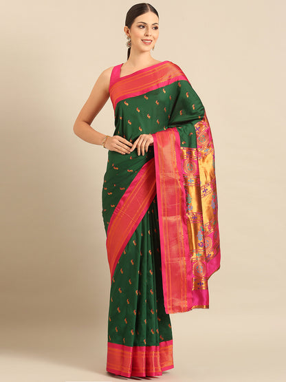 Myra Bottle Green & Pink Soft Silk Fancy Pallu Kadiyal Paithani Saree