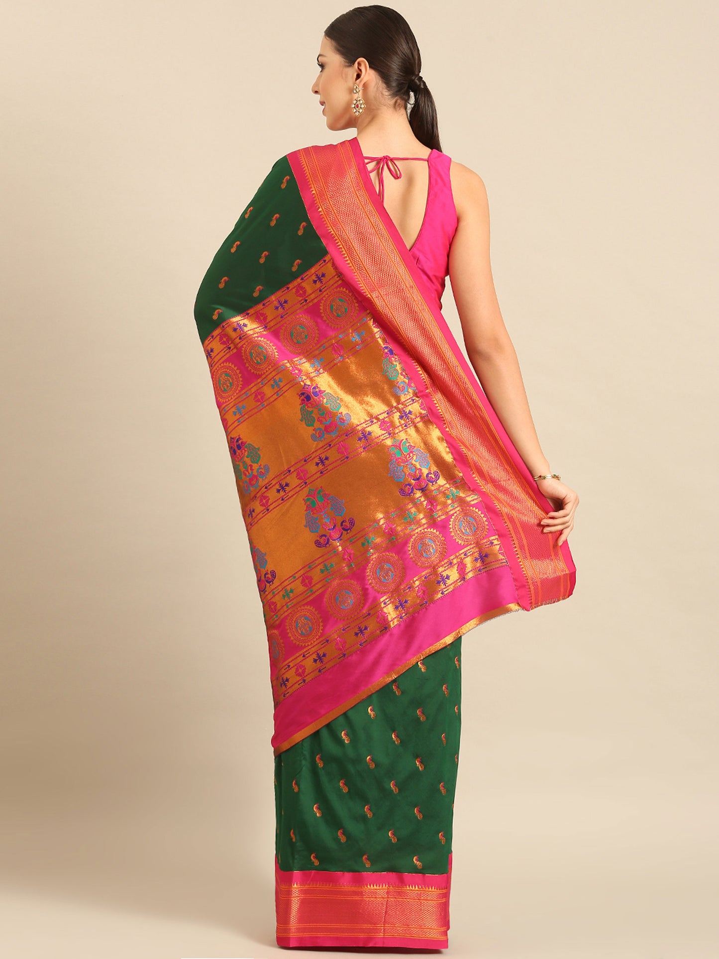 Myra Bottle Green & Pink Soft Silk Fancy Pallu Kadiyal Paithani Saree