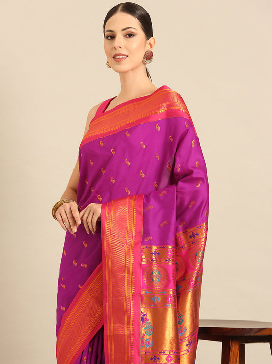 Myra Purple & Pink Soft Silk Fancy Pallu Kadiyal Paithani Saree