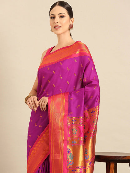 Myra Purple & Pink Soft Silk Kadiyal Maharani Paithani Saree