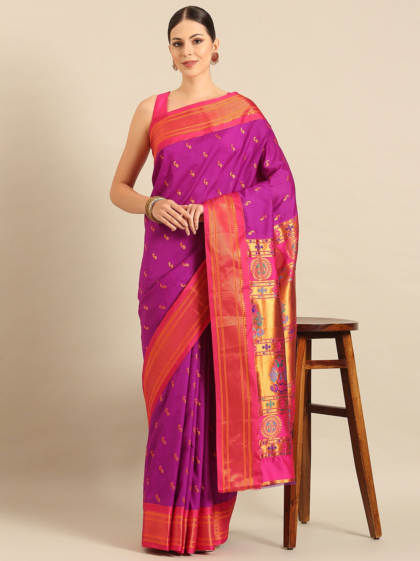 Myra Purple & Pink Soft Silk Fancy Pallu Kadiyal Paithani Saree