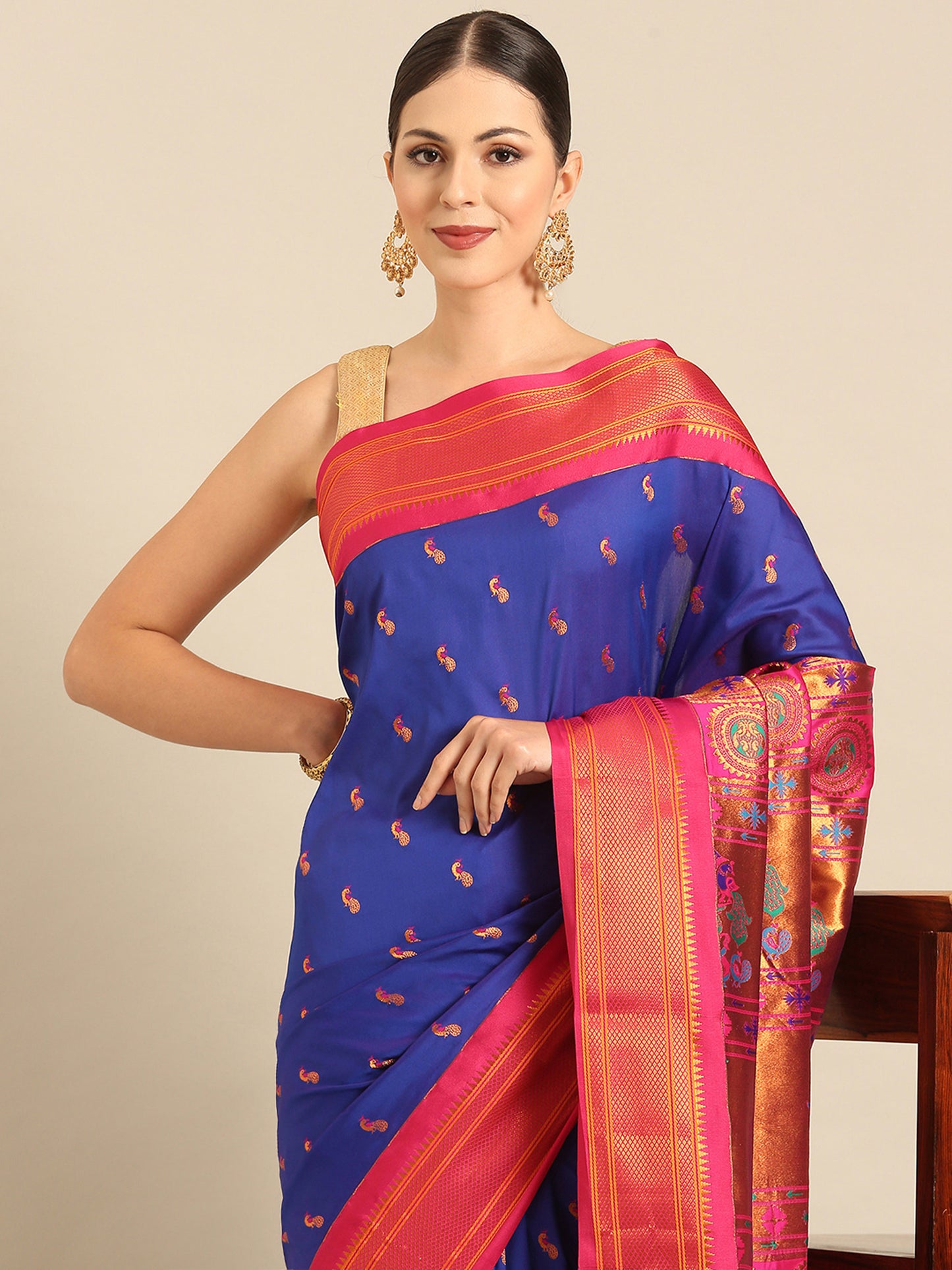 Myra Royal Blue & Pink Soft Silk Fancy Pallu Kadiyal Paithani Saree