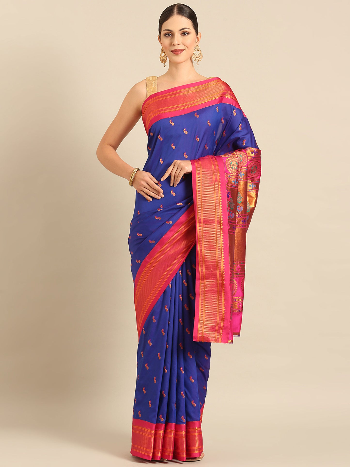 Myra Royal Blue & Pink Soft Silk Fancy Pallu Kadiyal Paithani Saree