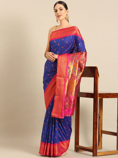 Myra Royal Blue & Pink Soft Silk Fancy Pallu Kadiyal Paithani Saree