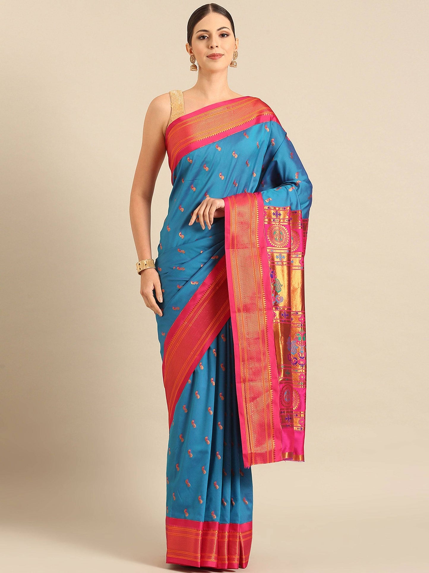 Myra Firozi & Pink Soft Silk Kadiyal Maharani Paithani Saree