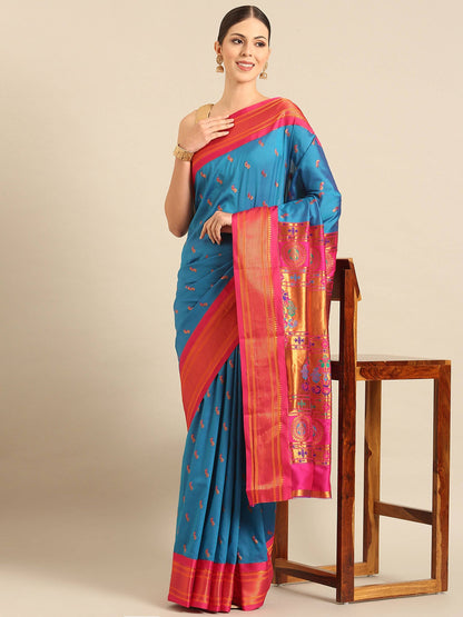 Myra Firozi & Pink Soft Silk Kadiyal Maharani Paithani Saree