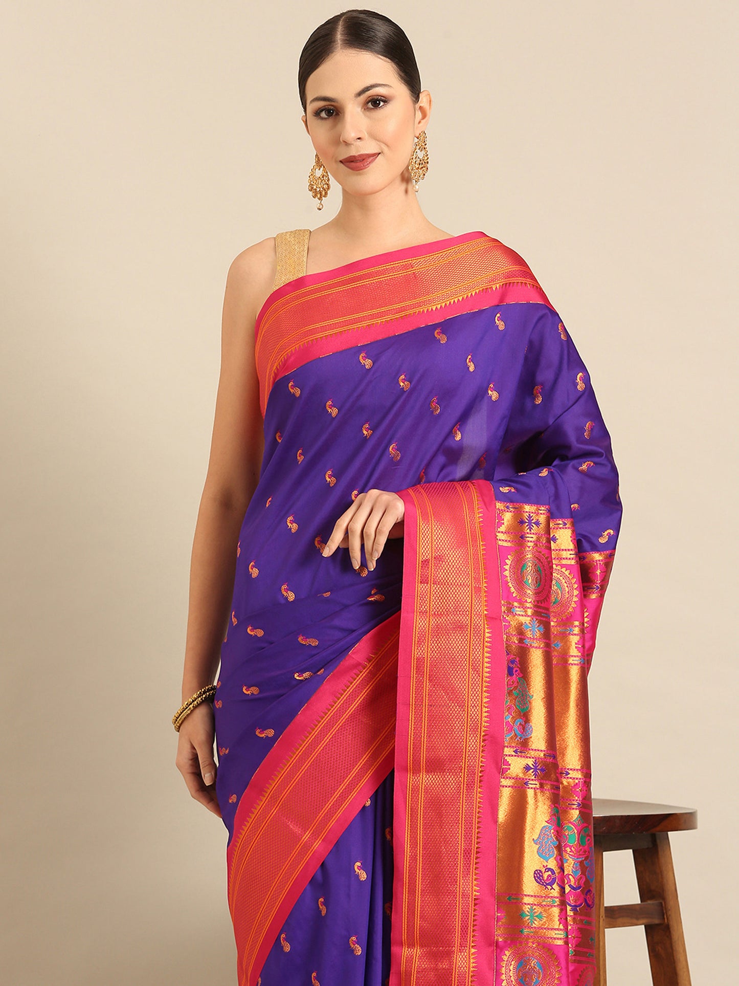 Myra Indigo Blue & Pink Soft Silk Fancy Pallu Kadiyal Paithani Saree