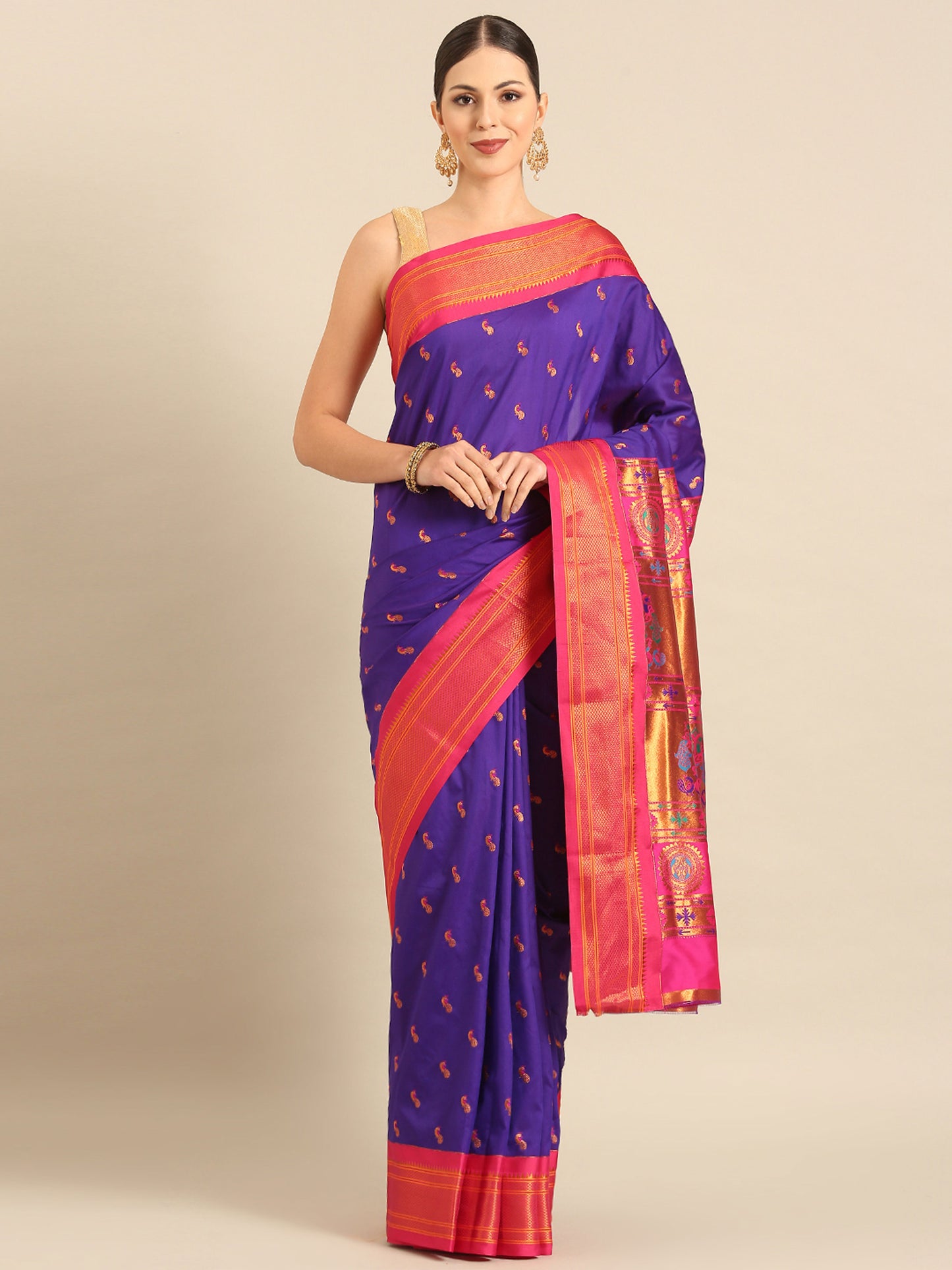 Myra Indigo Blue & Pink Soft Silk Fancy Pallu Kadiyal Paithani Saree