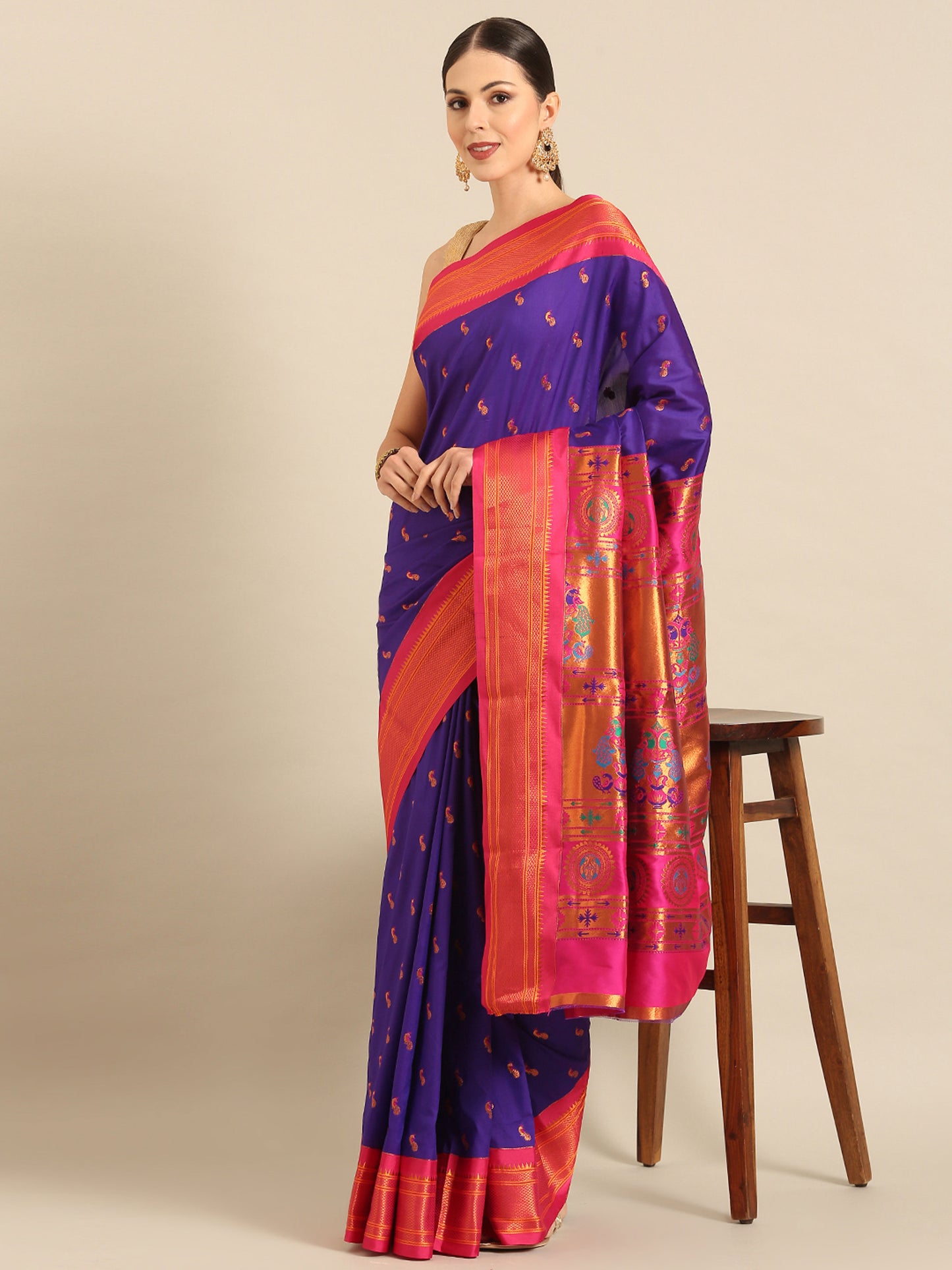 Myra Indigo Blue & Pink Soft Silk Fancy Pallu Kadiyal Paithani Saree