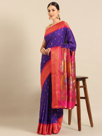 Myra Indigo Blue & Pink Soft Silk Kadiyal Maharani Paithani Saree