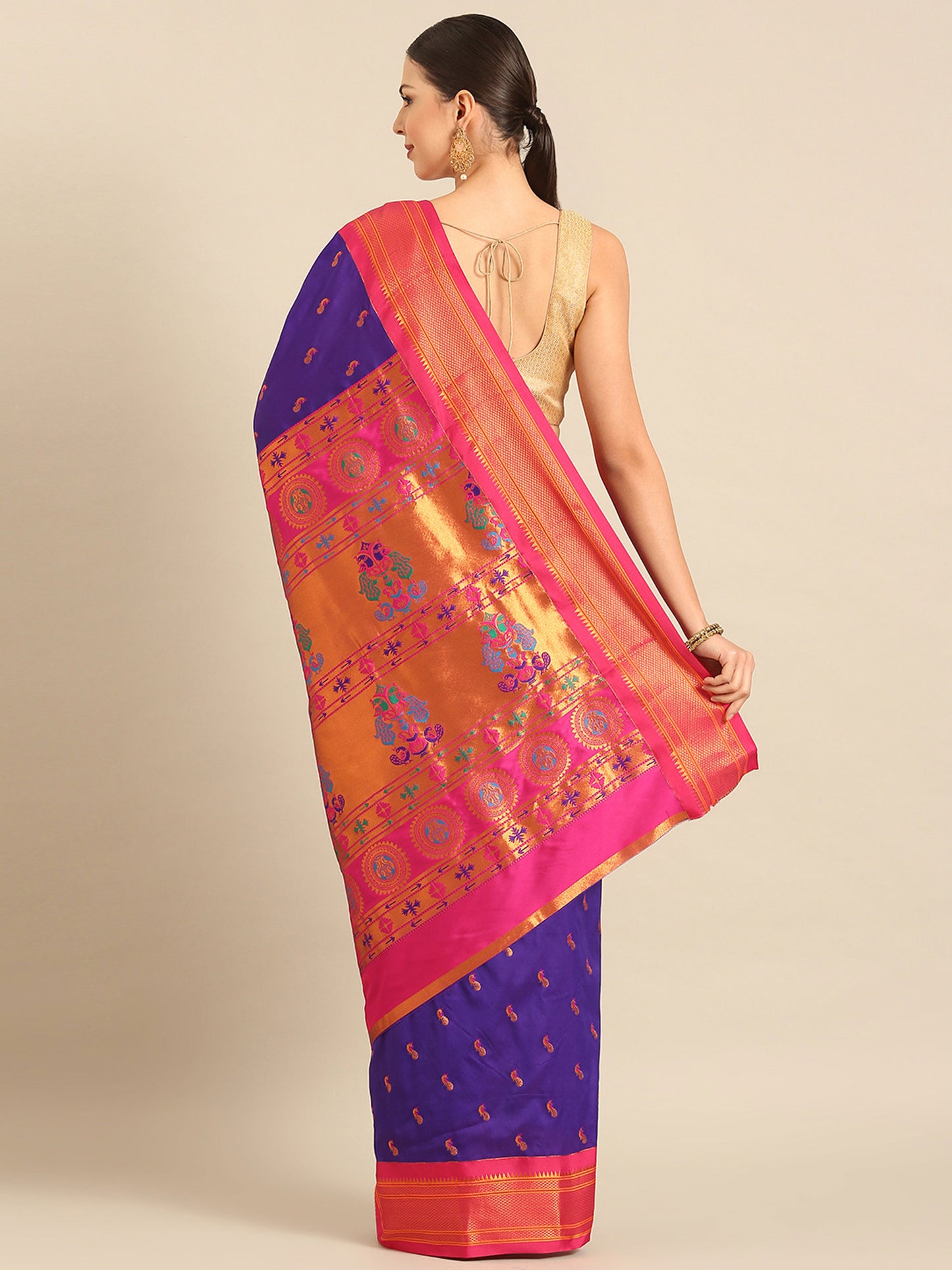 Myra Indigo Blue & Pink Soft Silk Fancy Pallu Kadiyal Paithani Saree