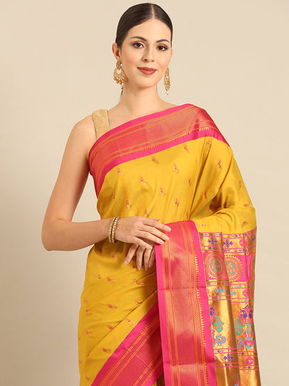 Myra Mustard & Pink Soft Silk Fancy Pallu Kadiyal Paithani Saree