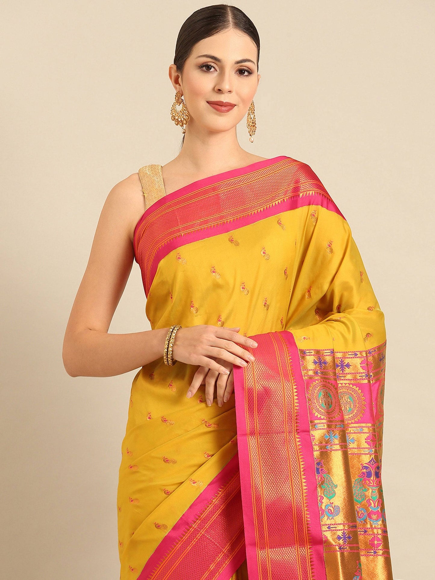 Myra Mustard & Pink Soft Silk Kadiyal Maharani Paithani Saree