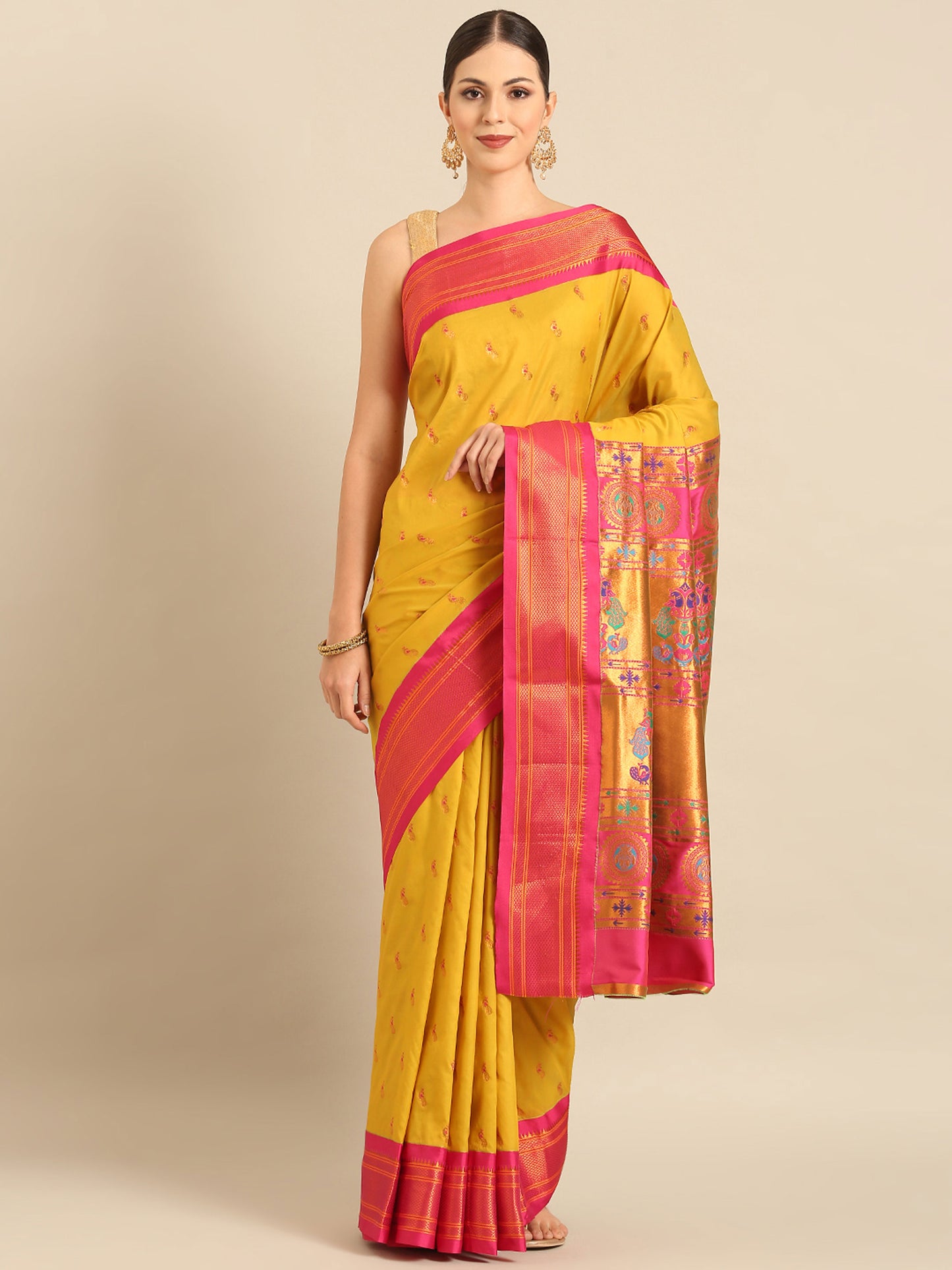 Myra Mustard & Pink Soft Silk Fancy Pallu Kadiyal Paithani Saree