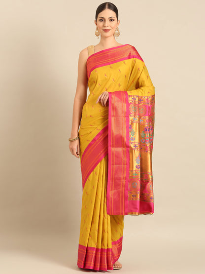 Myra Mustard & Pink Soft Silk Fancy Pallu Kadiyal Paithani Saree