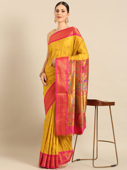 Myra Mustard & Pink Soft Silk Fancy Pallu Kadiyal Paithani Saree