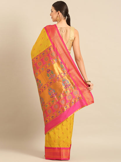 Myra Mustard & Pink Soft Silk Fancy Pallu Kadiyal Paithani Saree