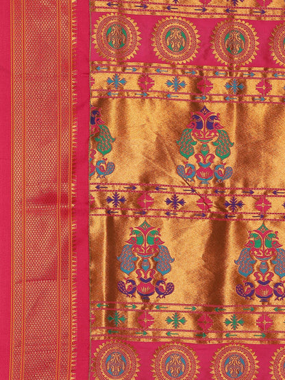 Myra Mustard & Pink Soft Silk Fancy Pallu Kadiyal Paithani Saree