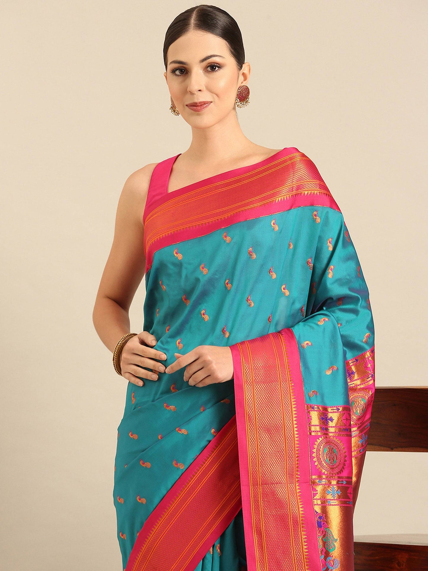 Myra Rama & Pink Soft Silk Kadiyal Maharani Paithani Saree