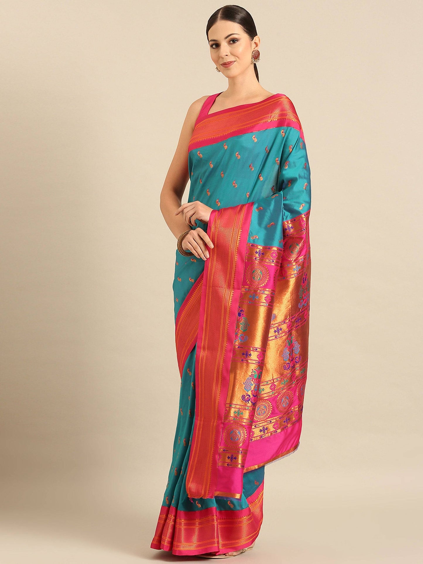 Myra Rama & Pink Soft Silk Kadiyal Maharani Paithani Saree