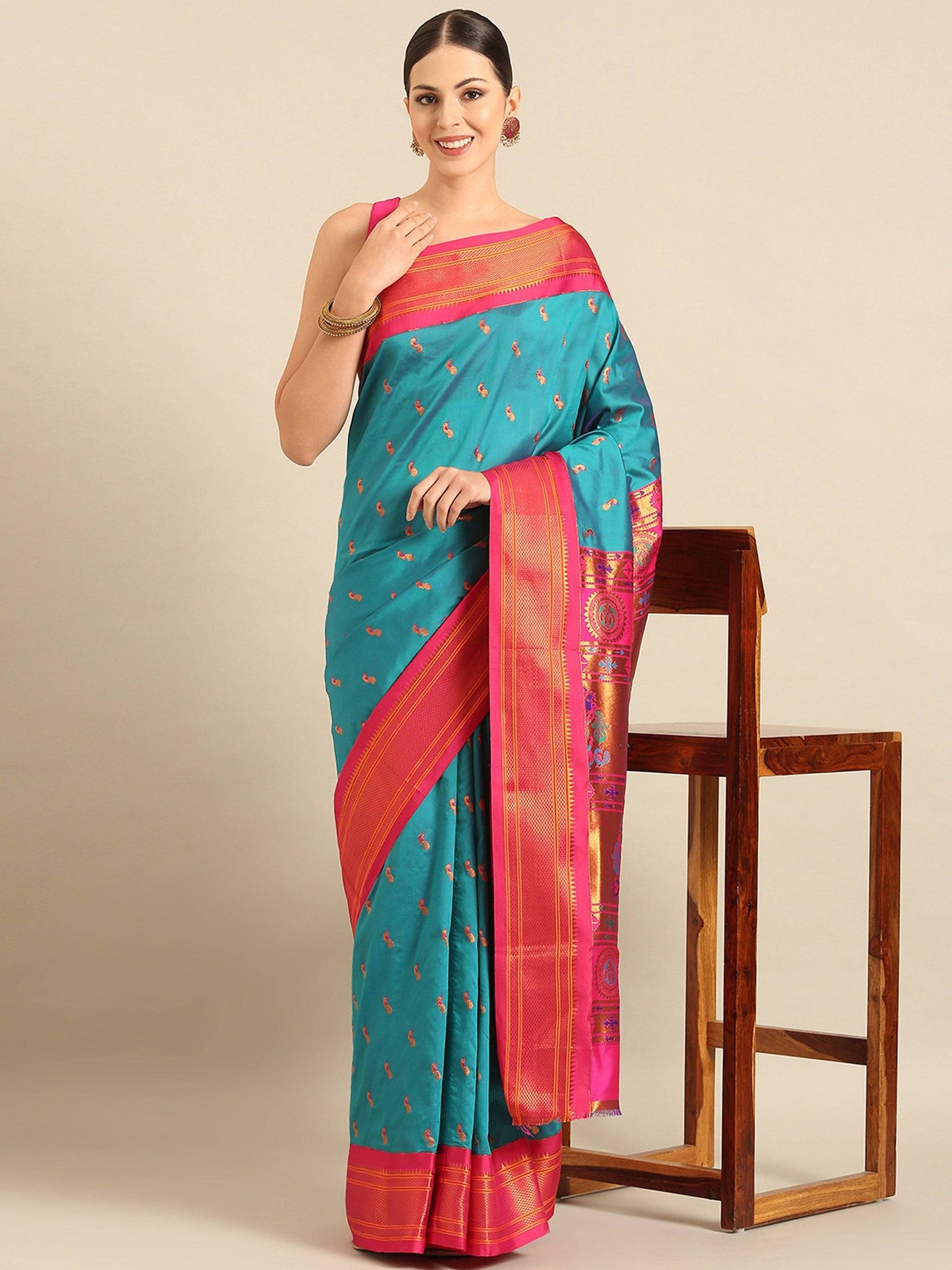 Myra Rama & Pink Soft Silk Kadiyal Maharani Paithani Saree