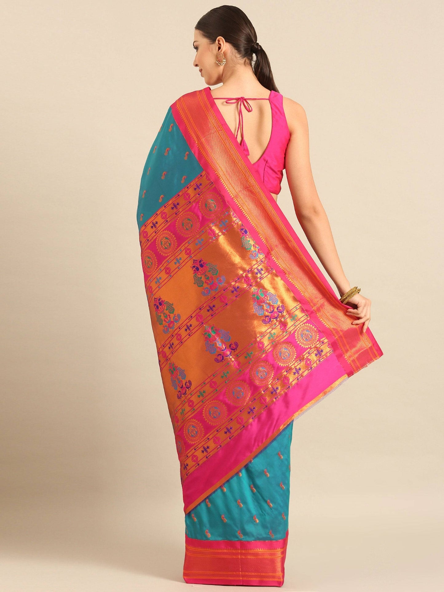 Myra Rama & Pink Soft Silk Kadiyal Maharani Paithani Saree