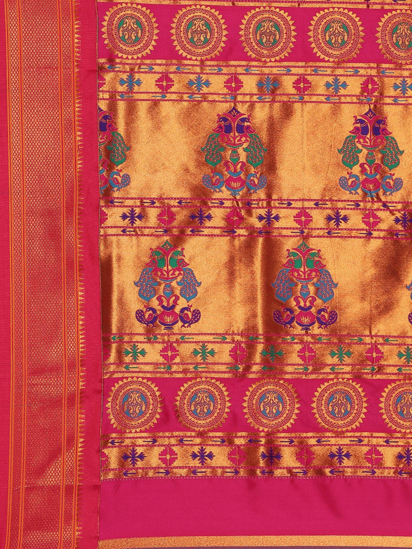 Myra Rama & Pink Soft Silk Fancy Pallu Kadiyal Paithani Saree