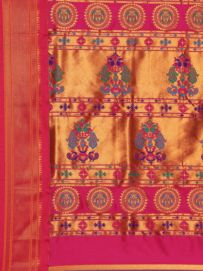 Myra Rama & Pink Soft Silk Fancy Pallu Kadiyal Paithani Saree