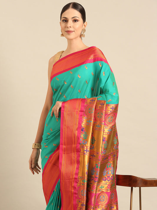 Myra Sea Green & Pink Soft Silk Fancy Pallu Kadiyal Paithani Saree