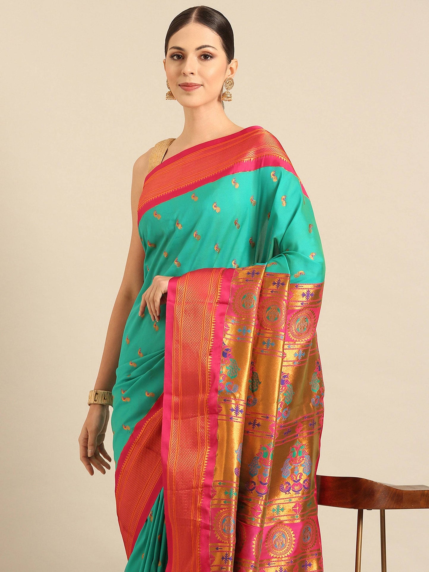 Myra Sea Green & Pink Soft Silk Kadiyal Maharani Paithani Saree