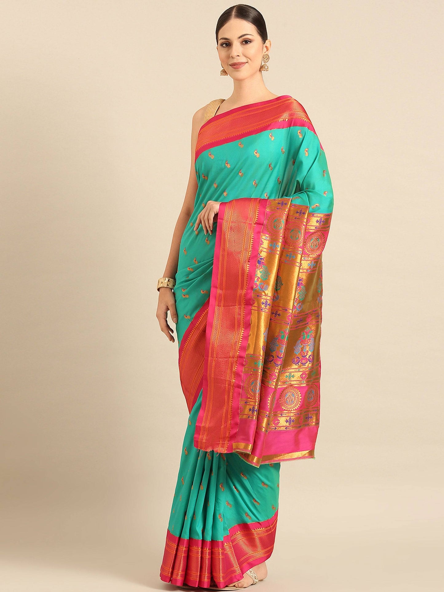 Myra Sea Green & Pink Soft Silk Kadiyal Maharani Paithani Saree