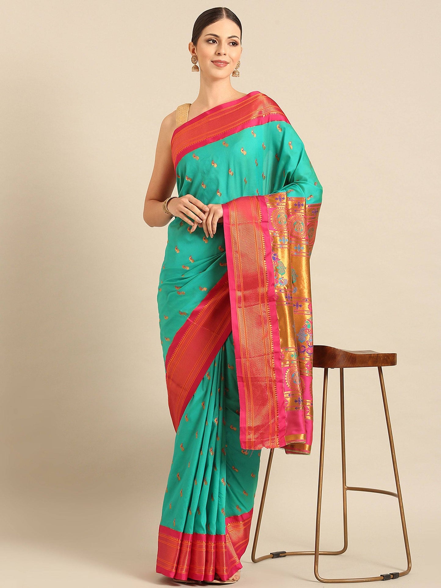 Myra Sea Green & Pink Soft Silk Kadiyal Maharani Paithani Saree