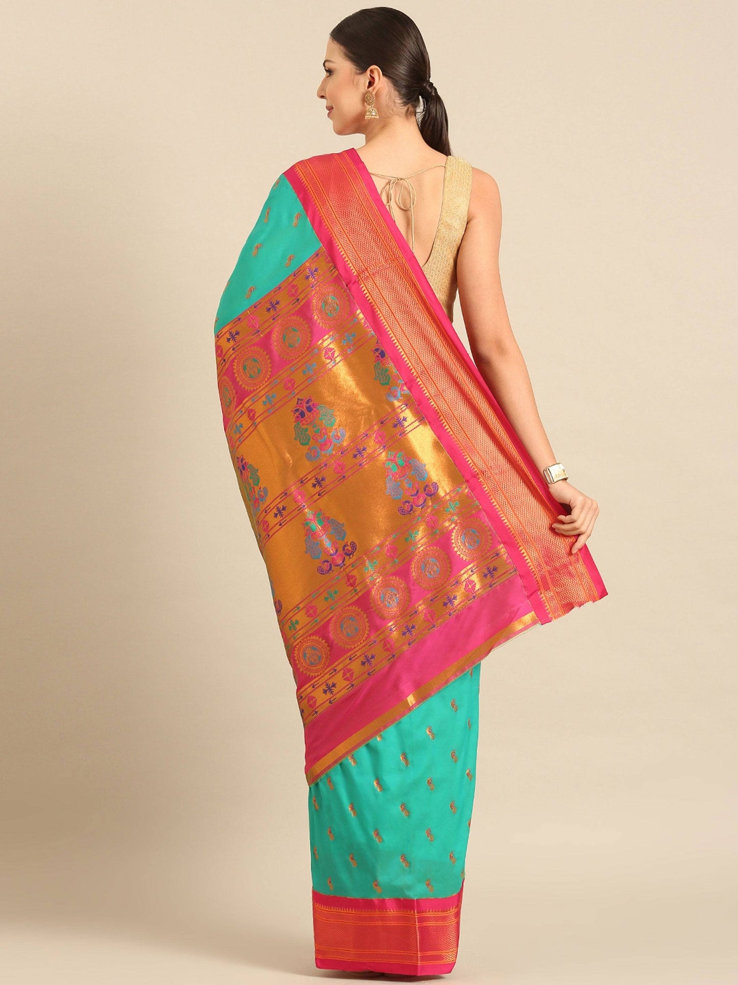 Myra Sea Green & Pink Soft Silk Kadiyal Maharani Paithani Saree