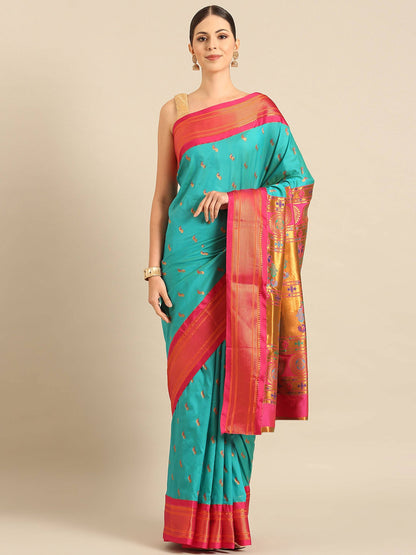 Myra Chintamani Blue & Pink Soft Silk Kadiyal Maharani Paithani Saree