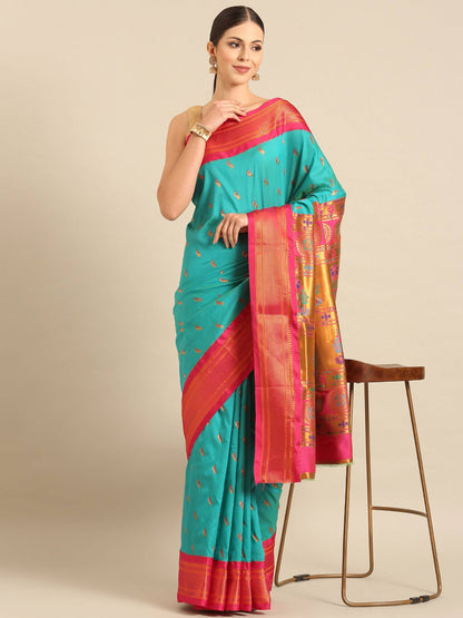 Myra Chintamani Blue & Pink Soft Silk Kadiyal Maharani Paithani Saree