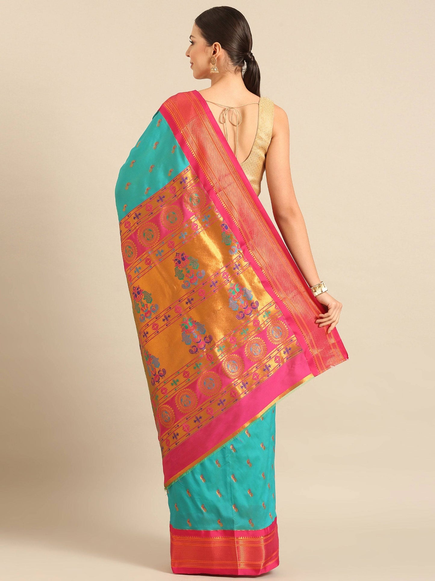 Myra Chintamani Blue & Pink Soft Silk Kadiyal Maharani Paithani Saree