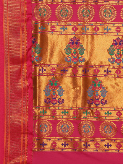 Myra Chintamani Blue & Pink Soft Silk Kadiyal Maharani Paithani Saree