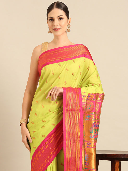 Myra Parrot Green & Pink Soft Silk Fancy Pallu Kadiyal Paithani Saree